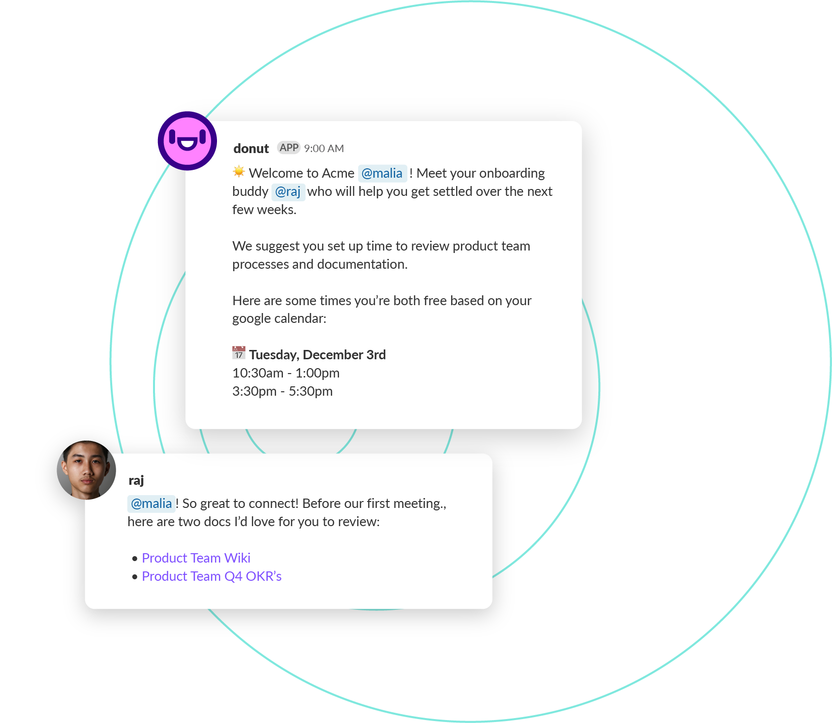Donut Slack message introducing Malia to onboarding buddy Raj, and a response from Raj about meeting prep.